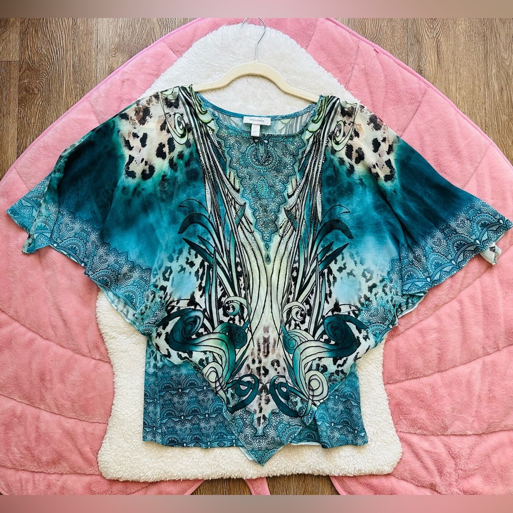 Dressbarn Embellished Sheer Beaded women’s top with bell sleeves size medium